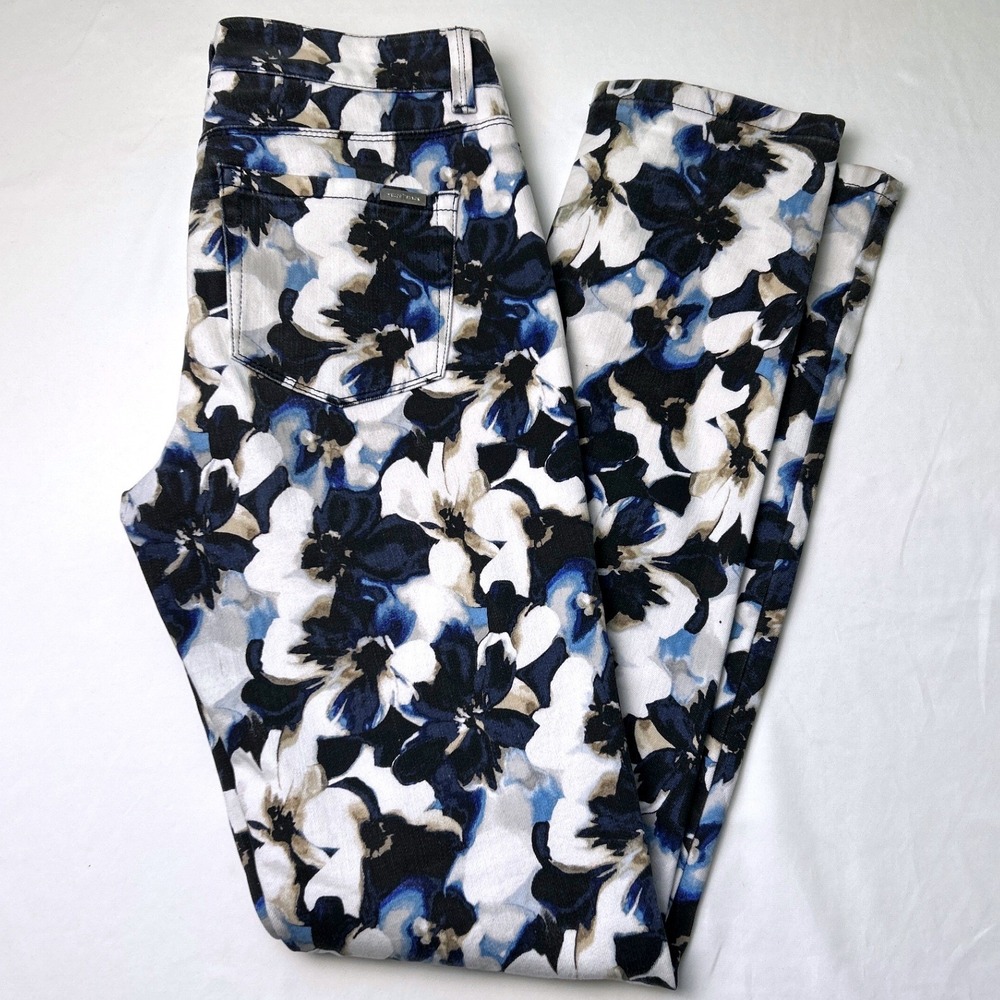 White House Black Market Floral Straight Leg Jeans in White, Navy & Black